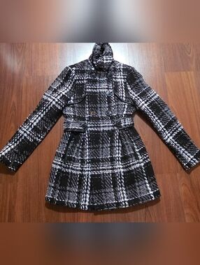 Iz Byer Black & White Plaid Peacoat